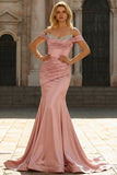 Sparkly Golden Mermaid Cold Shoulder Sequined Ruched Satin Long Formal Dress