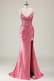 Sparkly Coral Mermaid Sequins Spaghetti Straps Corset Long Formal Dress with Slit