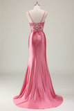 Sparkly Coral Mermaid Sequins Spaghetti Straps Corset Long Formal Dress with Slit