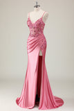 Sparkly Coral Mermaid Sequins Spaghetti Straps Corset Long Formal Dress with Slit