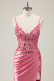 Sparkly Coral Mermaid Sequins Spaghetti Straps Corset Long Formal Dress with Slit