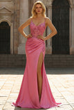 Sparkly Coral Mermaid Sequins Spaghetti Straps Corset Long Formal Dress with Slit