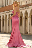 Mermaid Sequins Sheer Corset Coral Long Prom Dress with Slit