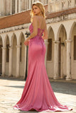 Sparkly Coral Mermaid Sequins Spaghetti Straps Corset Long Formal Dress with Slit