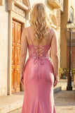 Sparkly Coral Mermaid Spaghetti Straps Corset Long Plus Size Prom Dress with Slit