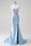 Blue Mermaid Floral Strapless Corset Long Formal Dress With Slit