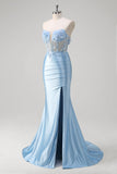 Blue Mermaid Floral Strapless Corset Long Formal Dress With Slit