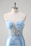 Blue Mermaid Floral Strapless Corset Long Formal Dress With Slit