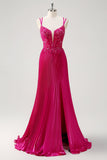 Fuchsia Sheath Spaghetti Straps Pleated Long Corset Formal Dress with Appliques