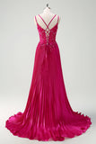 Fuchsia Sheath Spaghetti Straps Pleated Long Corset Formal Dress with Appliques