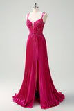 Fuchsia Sheath Spaghetti Straps Pleated Long Corset Formal Dress with Appliques