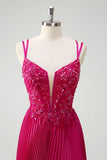 Fuchsia Sheath Spaghetti Straps Pleated Long Corset Formal Dress with Appliques