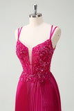 Fuchsia Sheath Spaghetti Straps Pleated Long Corset Formal Dress with Appliques