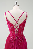 Fuchsia Sheath Spaghetti Straps Pleated Long Corset Formal Dress with Appliques