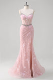 Pink Mermaid Spaghetti Straps Sequined Floral Corset Formal Dress with Beading