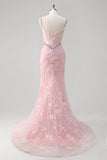 Pink Mermaid Spaghetti Straps Sequined Floral Corset Formal Dress with Beading