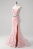 Pink Mermaid Spaghetti Straps Sequined Floral Corset Formal Dress with Beading