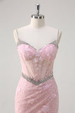 Pink Mermaid Spaghetti Straps Sequined Floral Corset Formal Dress with Beading