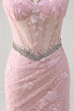 Pink Mermaid Spaghetti Straps Sequined Floral Corset Formal Dress with Beading