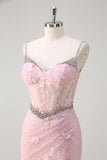 Pink Mermaid Spaghetti Straps Sequined Floral Corset Formal Dress with Beading