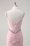 Pink Mermaid Spaghetti Straps Sequined Floral Corset Formal Dress with Beading