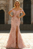 Blush Mermaid Off the Shoulder Slit Long Formal Dress With 3D Flowers
