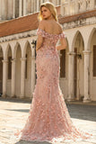 Blush Mermaid Off the Shoulder Slit Long Formal Dress With 3D Flowers
