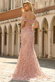 Off The Shoulder Mermaid Blush Side Slit Long Prom Dress with 3D Flowers