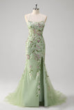 Green Mermaid Halter Corset Appliqued Long Formal Dress With Slit