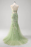 Green Mermaid Halter Corset Appliqued Long Formal Dress With Slit