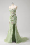 Green Mermaid Halter Corset Appliqued Long Formal Dress With Slit