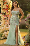 Green Mermaid Halter Corset Appliqued Long Formal Dress With Slit