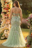 Green Mermaid Halter Corset Appliqued Long Formal Dress With Slit