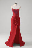 Sparkly Red Mermaid Corset Strapless Long Formal Dress With Slit