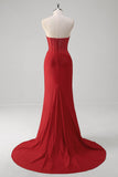 Sparkly Red Mermaid Corset Strapless Long Formal Dress With Slit