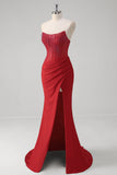 Sparkly Red Mermaid Corset Strapless Long Formal Dress With Slit