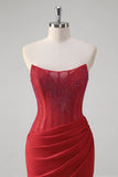 Sparkly Red Mermaid Corset Strapless Long Formal Dress With Slit