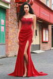 Beaded Strapless Mermaid Corset Long Red Formal Dress with Slit