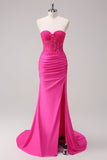 Corset Fuchsia Mermaid Strapless Ruched Corset Long Formal Dress with Slit