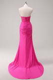 Corset Fuchsia Mermaid Strapless Ruched Corset Long Formal Dress with Slit