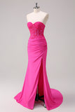 Corset Fuchsia Mermaid Strapless Ruched Corset Long Formal Dress with Slit