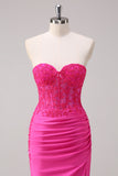 Corset Fuchsia Mermaid Strapless Ruched Corset Long Formal Dress with Slit