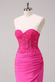 Corset Fuchsia Mermaid Strapless Ruched Corset Long Formal Dress with Slit