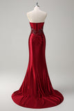 Mermaid Burgundy Strapless Sequin Long Formal Dress with Beading