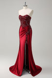 Mermaid Burgundy Strapless Sequin Long Formal Dress with Beading