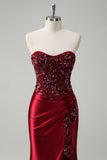 Mermaid Burgundy Strapless Sequin Long Formal Dress with Beading