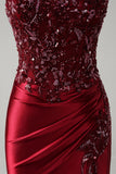 Mermaid Burgundy Strapless Sequin Long Formal Dress with Beading