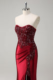 Mermaid Burgundy Strapless Sequin Long Formal Dress with Beading