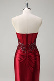 Mermaid Burgundy Strapless Sequin Long Formal Dress with Beading