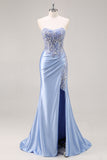 Sparkly Dark Green Strapless Mermaid Long Formal Dress with Slit